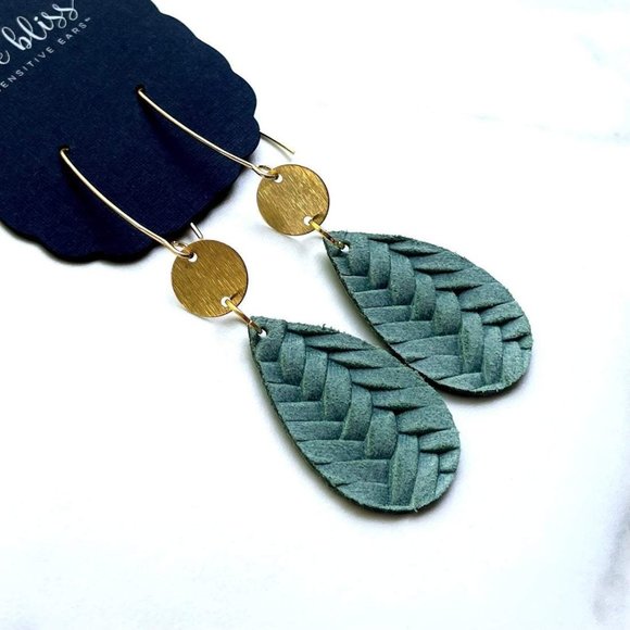 Jewelry - NWT Genuine Sage Green Leather Teardrop Dangle Earrings